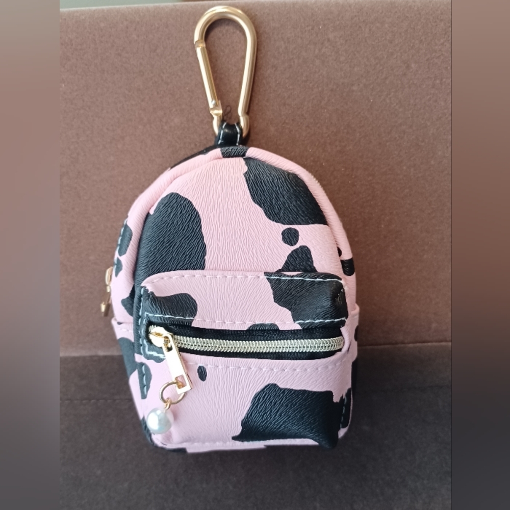 New Pink Black Cow Print Novelty Mini Backpack Coin Purse Keychain Bag Charm